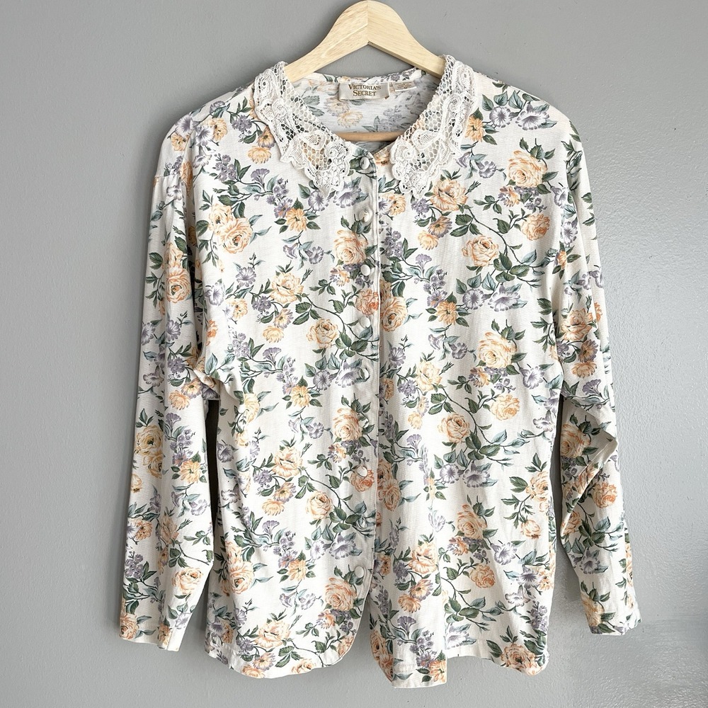 Vintage Victoria's Secret Cotton Pajama Top Floral Gold Label Lace Trim Medium